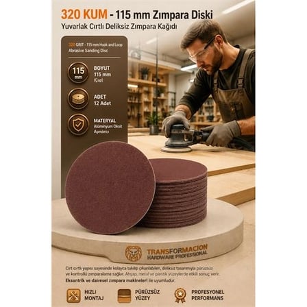 Mey İthalat® 12 Adet 320 Kum Yuvarlak Cırtlı Zımpara Diski 115 Mm Deliksiz Zımpara Kağıdı 723220