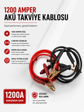 Mey İthalat® 1200 Amper Akü Takviye Kablosu 2 Metre Bakır Uçlu