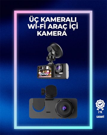 Mey İthalat® 1080P Ön + 720P Arka & İç Kamera – Suya Dayanıklı Araç Güvenlik Kamerası