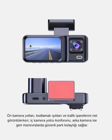 Mey İthalat® Full Hd Üç Kameralı Araç Kamerası G-Sensörlü Gece Görüşlü