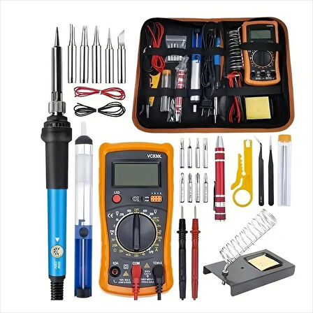 60W Ayarlanabilir Elektrikli Havya Kiti Full Lehim Seti Dijital Multimetre Taşıma Çantalı DIY Onarım Aracı