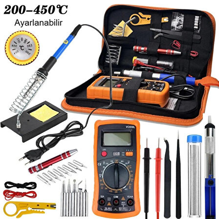 60W Ayarlanabilir Elektrikli Havya Kiti Full Lehim Seti Dijital Multimetre Taşıma Çantalı DIY Onarım Aracı