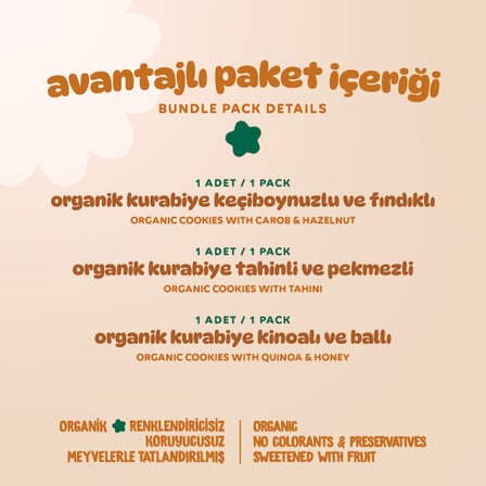 Organik Vegan Keçiboynuzlu Tahinli Ballı Kinoalı Kurabiyeler Atıştırmalık Paketi - 3 Adet (3 Çeşit)