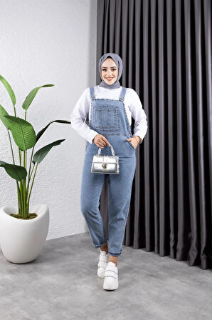 Kadın Cepli Askılı Kot Tulum