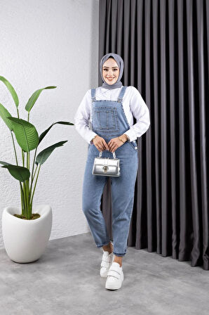 Kadın Cepli Askılı Kot Tulum