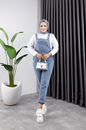 Kadın Cepli Askılı Kot Tulum