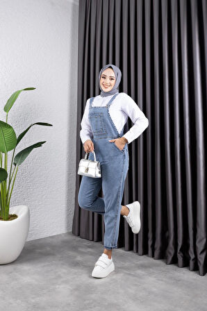 Kadın Cepli Askılı Kot Tulum