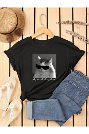 Unisex Kedi Gözlük Baskılı Oversize T-shirt