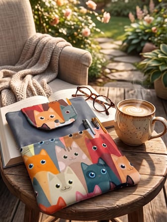 Tadsy Kedi Desenli Kitap Kılıfı Gri Cepli Çıtçıtlı Koruyucu Kumaş Kılıf 19x25 cm