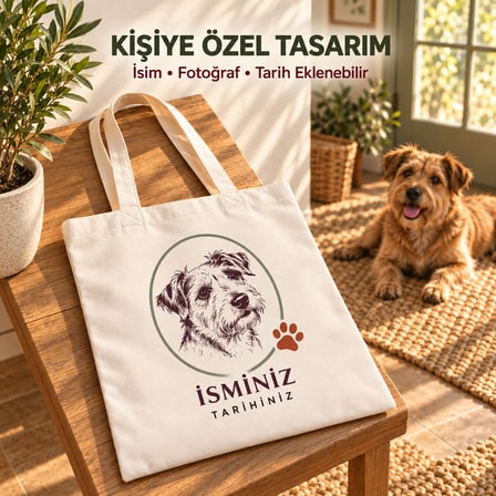 Kişiye Özel Kedi Köpek Fotoğraflı Keten Omuz Çantası İsim ve Tarih Baskılı Evcil Hayvan Hediyesi