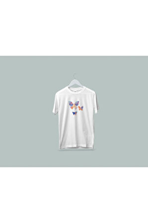 Makiteks Penye Kadın Erkek Yetişkin Baskılı Beyaz Gri Siyah Tshirt Kelebekler Beyaz
