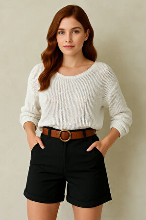 Kadın Kemerli Gabardin Şort