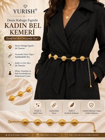 Kadın Gold Midye Figürlü Bel Zinciri Kemer - Elbise Pantolon Ve Etek Uyumlu Şık Aksesuar