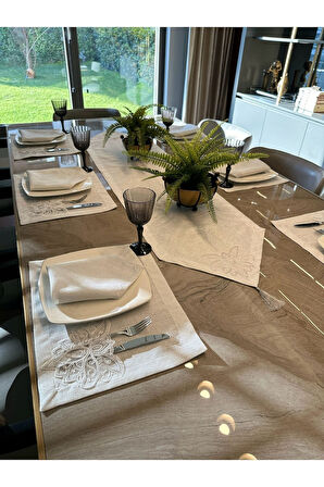 7 Parça Linen Fransız Dantelli Köşe Püsküllü Gold Simli Ekru Amerikan Servis Ve Runner Set