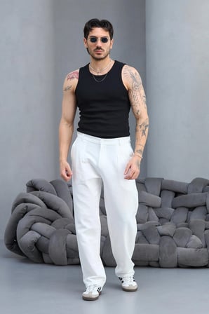 Bol Kesim Baggy Kalıp Düğmeli Keten Pantolon