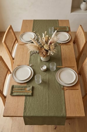 Keten Dokulu 40x140 Modern Yeşil Renk Düz Polyester Masa Runner