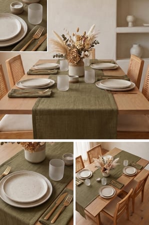 Keten Dokulu 40x200 Modern Yeşil Renk Düz Polyester Masa Runner