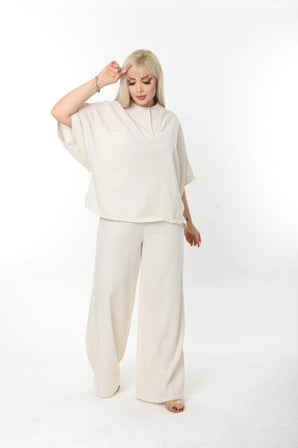 Kadın Bej Keten Oversize ( Rahat Kesim ) Gömlek ve Bol Paça Pantolon İkili Takım