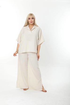 Kadın Bej Keten Oversize ( Rahat Kesim ) Gömlek ve Bol Paça Pantolon İkili Takım