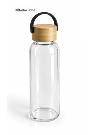 Bambu Kapaklı Cam Matara 420 ml Taşıma Kulplu Şeffaf Su Şişesi