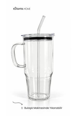 Pipetli Cam Bardak 1200 ml Kulplu Kapaklı Şeffaf İçecek Bardağı