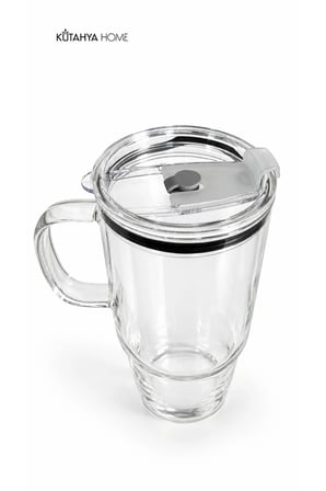 Pipetli Cam Bardak 1200 ml Kulplu Kapaklı Şeffaf İçecek Bardağı
