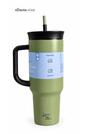 Çelik Pipetli Termos Matara 1200 ml Kulplu Kapaklı Yeşil