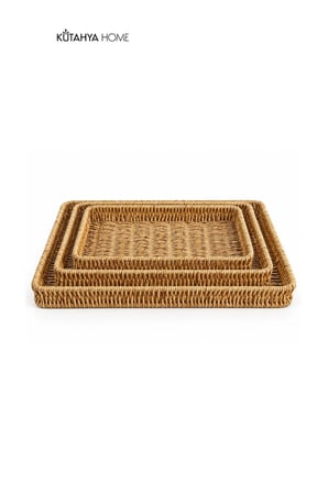 3’lü Dikdörtgen Tepsi Seti 29x20 35x25 40x30 cm Örgü Dokulu Sunum Tepsisi