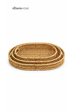 3’lü Oval Tepsi Seti 29x20 35x25 40x30 cm Örgü Dokulu Sunum Tepsisi