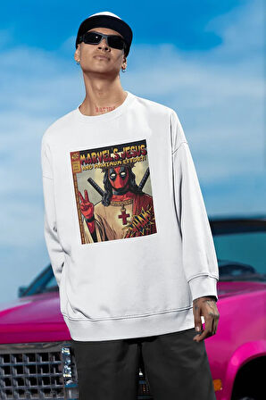 Marvel's Jesus Yazılı Unisex Oversize Deadpool Baskılı Sweatshirt