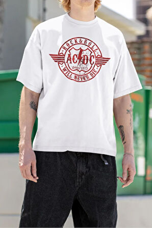 Rock & Roll Will Never Die Baskılı Unisex Tişört, Oversize AC DC 1973 Müzik Grubu Tişört