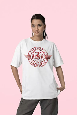 Rock & Roll Will Never Die Baskılı Unisex Tişört, Oversize AC DC 1973 Müzik Grubu Tişört