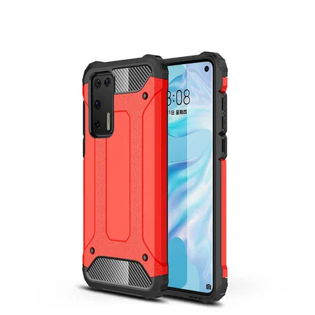 Huawei P40 ile uyumlu Çİft Katman Koruyucu Crash Military Tank Kılıf - Kırmızı