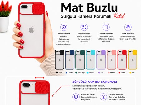 Apple iPhone 7 Plus Uyumlu Kılıf Sürgülü Kamera Korumalı Mat Lensi Telefon Kılıfı - Turkuaz