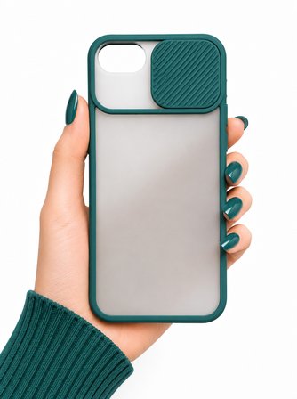 Apple iPhone 8 Plus Uyumlu Kılıf Sürgülü Kamera Korumalı Mat Lensi Telefon Kılıfı - Koyu Yeşil