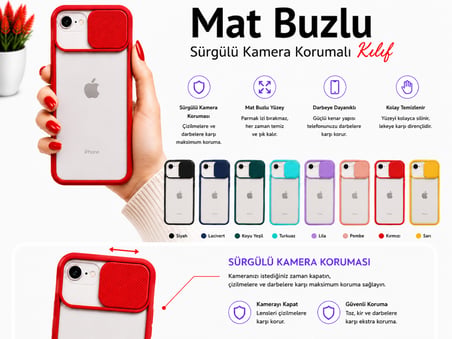 Apple iPhone 8 Uyumlu Kılıf Sürgülü Kamera Korumalı Mat Lensi Telefon Kılıfı - Kırmızı