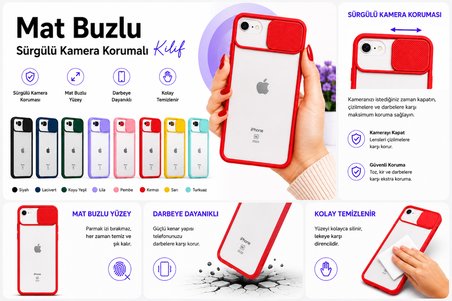 Apple iPhone SE 2020 Uyumlu Kılıf Sürgülü Kamera Korumalı Mat Lensi Telefon Kılıfı - Turkuaz