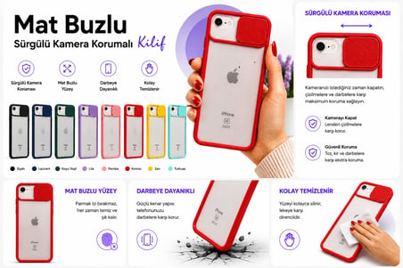Apple iPhone SE 2022 Uyumlu Kılıf Sürgülü Kamera Korumalı Mat Lensi Telefon Kılıfı - Kırmızı