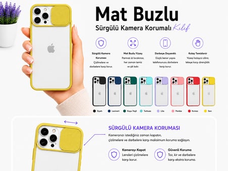 Apple iPhone 11 Pro Max Uyumlu Kılıf Sürgülü Kamera Korumalı Mat Lensi Telefon Kılıfı - Sarı