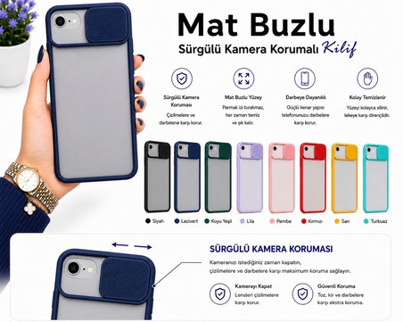 Apple iPhone SE 2022 Uyumlu Kılıf Sürgülü Kamera Korumalı Mat Lensi Telefon Kılıfı - Turkuaz