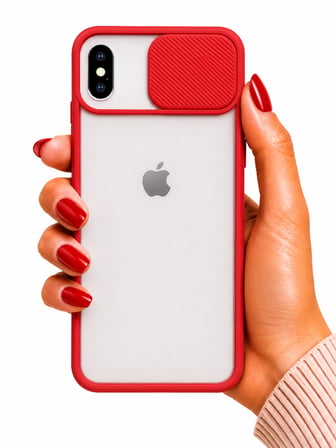 Apple iPhone X Uyumlu Kılıf Sürgülü Kamera Korumalı Mat Lensi Telefon Kılıfı - Kırmızı