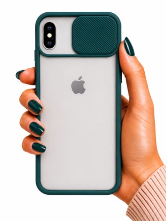Apple iPhone X Uyumlu Kılıf Sürgülü Kamera Korumalı Mat Lensi Telefon Kılıfı - Koyu Yeşil