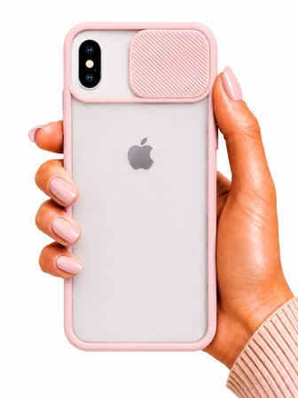 Apple iPhone X Uyumlu Kılıf Sürgülü Kamera Korumalı Mat Lensi Telefon Kılıfı - Pembe Açık