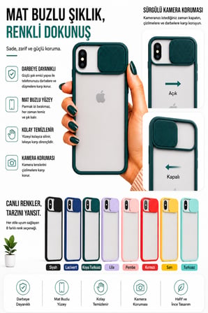 Apple iPhone X Uyumlu Kılıf Sürgülü Kamera Korumalı Mat Lensi Telefon Kılıfı - Pembe Açık