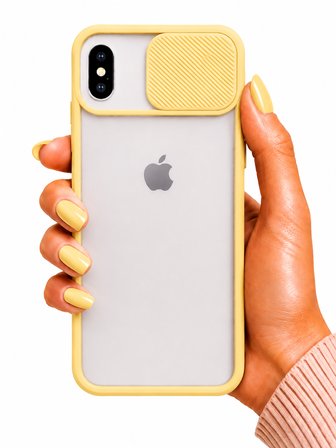 Apple iPhone X Uyumlu Kılıf Sürgülü Kamera Korumalı Mat Lensi Telefon Kılıfı - Sarı