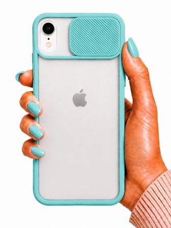 Apple iPhone XR 6.1 Uyumlu Kılıf Sürgülü Kamera Korumalı Mat Lensi Telefon Kılıfı - Turkuaz