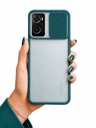 Oppo A76 Uyumlu Kılıf Sürgülü Kamera Korumalı Mat Lensi Telefon Kılıfı - Koyu Yeşil