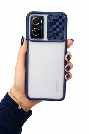 Oppo A76 Uyumlu Kılıf Sürgülü Kamera Korumalı Mat Lensi Telefon Kılıfı - Lacivert