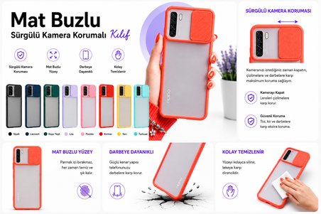 Oppo A91 Uyumlu Kılıf Sürgülü Kamera Korumalı Mat Lensi Telefon Kılıfı - Kırmızı