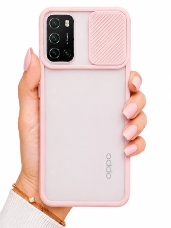 Oppo A92 Uyumlu Kılıf Sürgülü Kamera Korumalı Mat Lensi Telefon Kılıfı - Pembe Açık